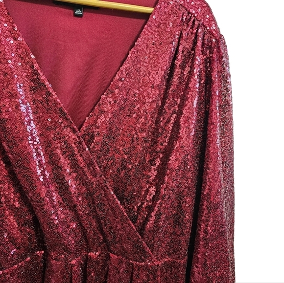 Eloquii cherry burgundy red sequins puff long sleeve v-neck midi wrap dress 20 - Picture 8 of 15